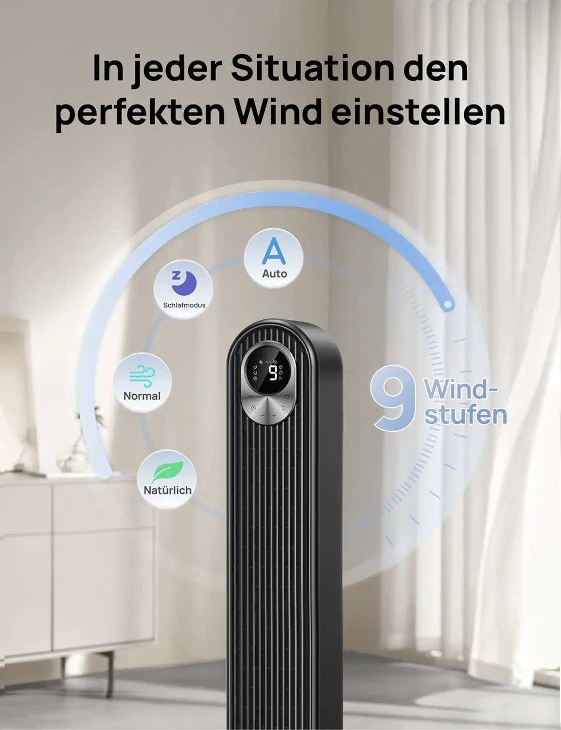 DREO DC Motor Turmventilator Leiser, 11M Windentfernung Ventilator mit Kühlung Fernbedienung, 9 Stufen 4 Modi, 90° Oszillierender Stand Ventilatoren für Schlafzimmer, Tower Fan mit 12H Timer vue 5