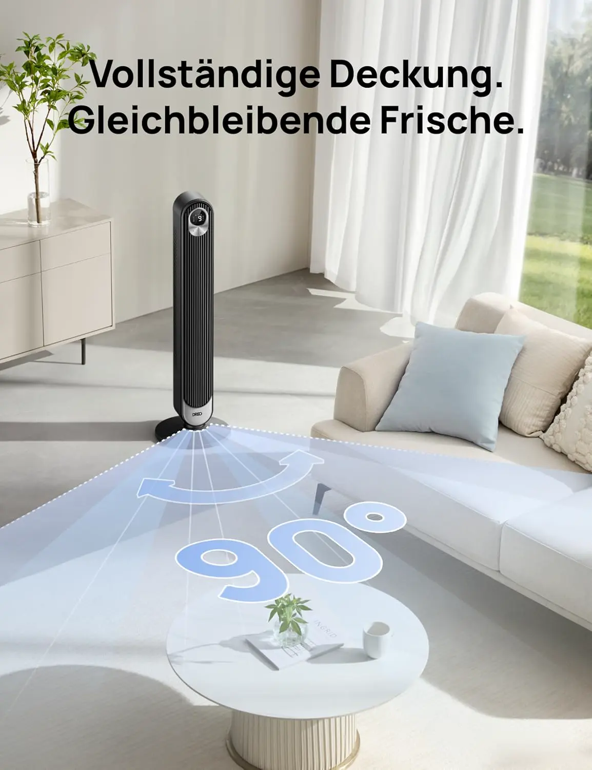 DREO DC Motor Turmventilator Leiser, 11M Windentfernung Ventilator mit Kühlung Fernbedienung, 9 Stufen 4 Modi, 90° Oszillierender Stand Ventilatoren für Schlafzimmer, Tower Fan mit 12H Timer vue 6