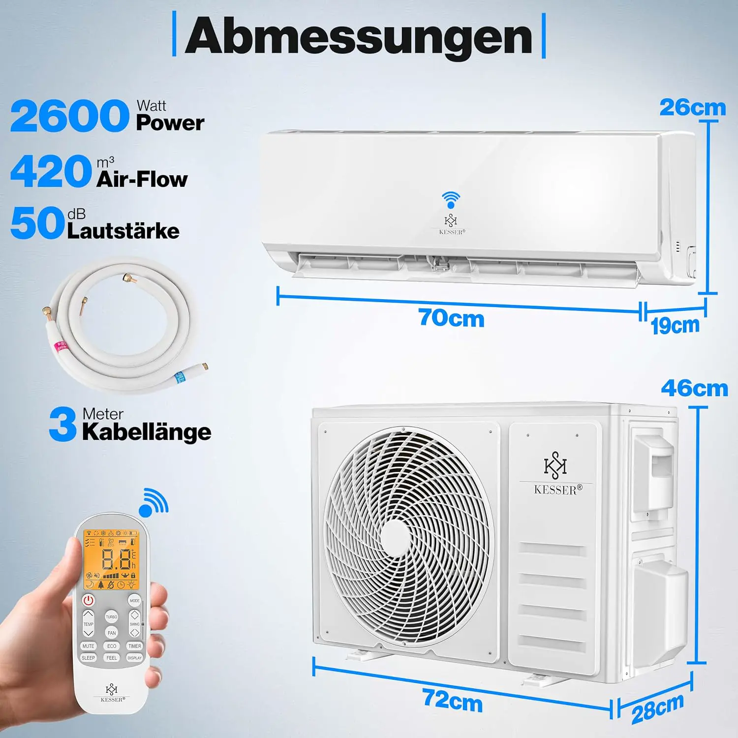 KESSER® Klimaanlage Set Split, WiFi/App Funktion Klimagerät, Kühlen A++/Heizen A+, 9000 BTU/h (2.600W) sehr leise, Kältemittel R32, Fernbedienung, Timerfunktion, Montagematerial, Weiß vue 6