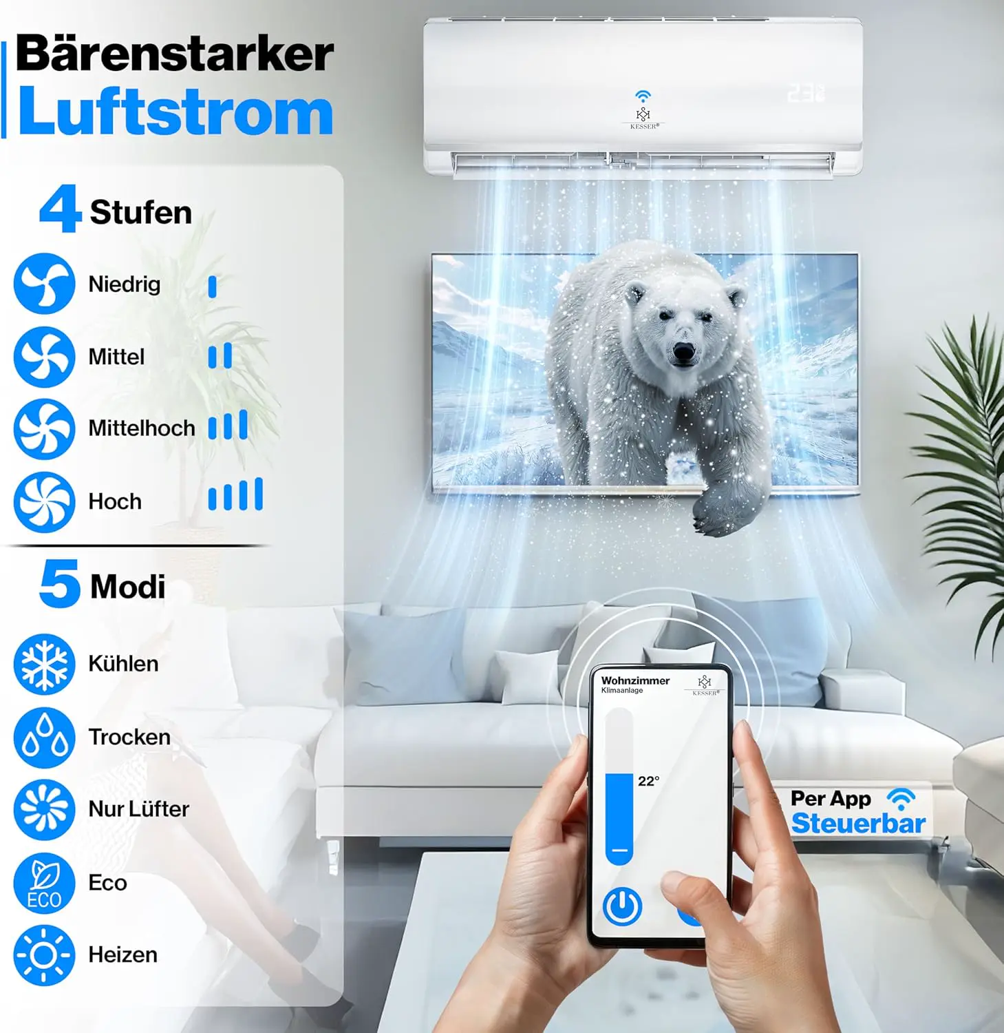 KESSER® Klimaanlage Set Split, WiFi/App Funktion Klimagerät, Kühlen A++/Heizen A+, 9000 BTU/h (2.600W) sehr leise, Kältemittel R32, Fernbedienung, Timerfunktion, Montagematerial, Weiß vue 7
