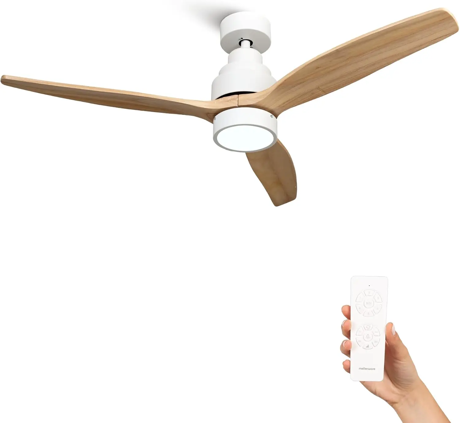 Mellerware - Deckenventilator mit Fernbedienung Brizy Bright | 45 W | 6 Geschwindigkeiten | Ultra leise | 3 Flügel 132 Durchmesser | Sommer-Winter-Funktion | Timer | LED | Lightwood