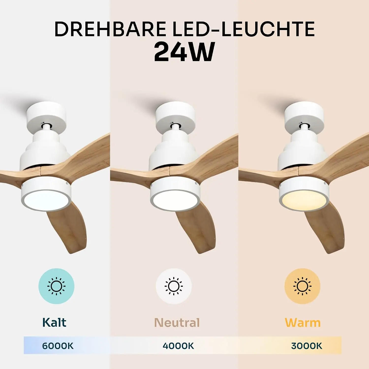 Mellerware - Deckenventilator mit Fernbedienung Brizy Bright | 45 W | 6 Geschwindigkeiten | Ultra leise | 3 Flügel 132 Durchmesser | Sommer-Winter-Funktion | Timer | LED | Lightwood vue 3