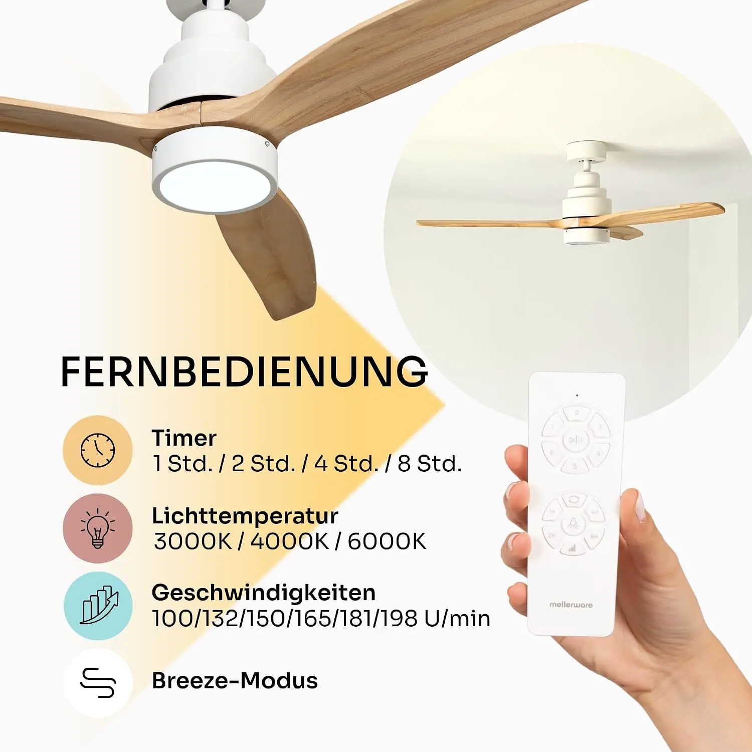 Mellerware - Deckenventilator mit Fernbedienung Brizy Bright | 45 W | 6 Geschwindigkeiten | Ultra leise | 3 Flügel 132 Durchmesser | Sommer-Winter-Funktion | Timer | LED | Lightwood vue 4
