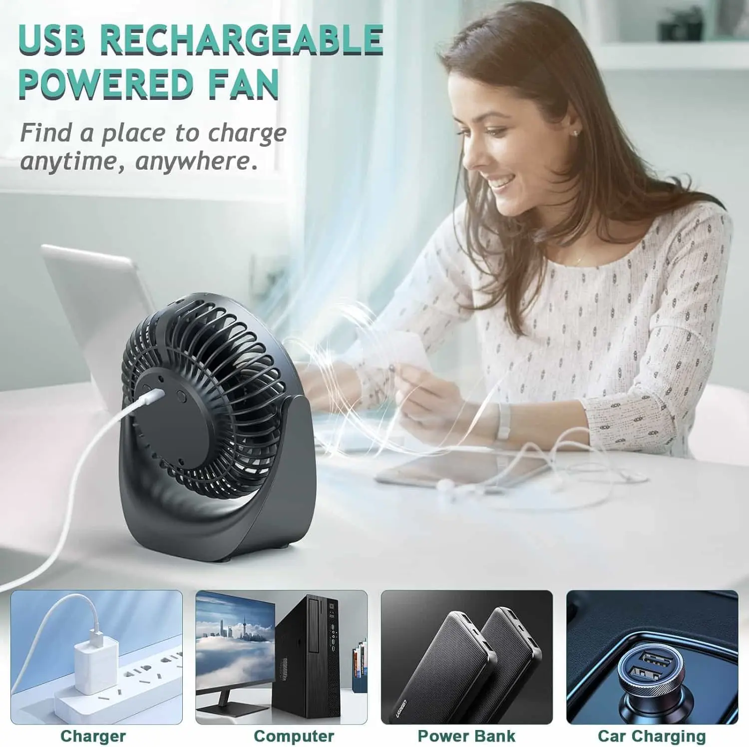 SHAVINGFUN Tischventilator,Mini Ventilator,USB Ventilator,Tisch Ventilator 4000mAh Wiederaufladbare Batterie,5 Geschwindigkeitsstufen,360 Drehbare Einstellbare für Schlafzimmer Büro Ventilator Leise vue 3
