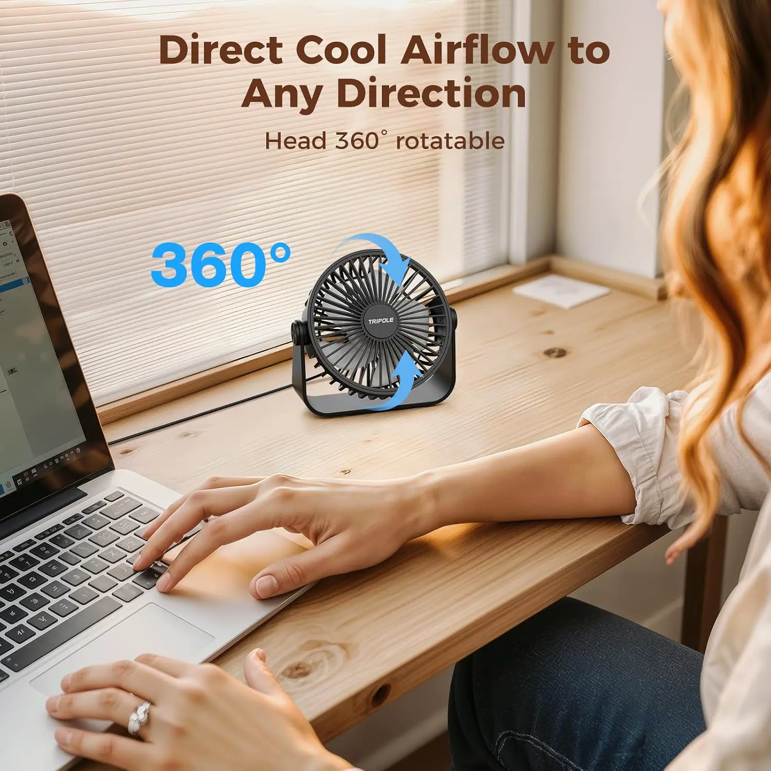 TriPole USB-Schreibtischventilator, 3 Geschwindigkeiten, verstellbar, starker Wind, Tischventilator, 360° Kopf drehbar, 1,5 m Kabel, persönlicher Desktop-Ventilator, 11,4 cm, tragbarer Mini-Ventilator vue 5