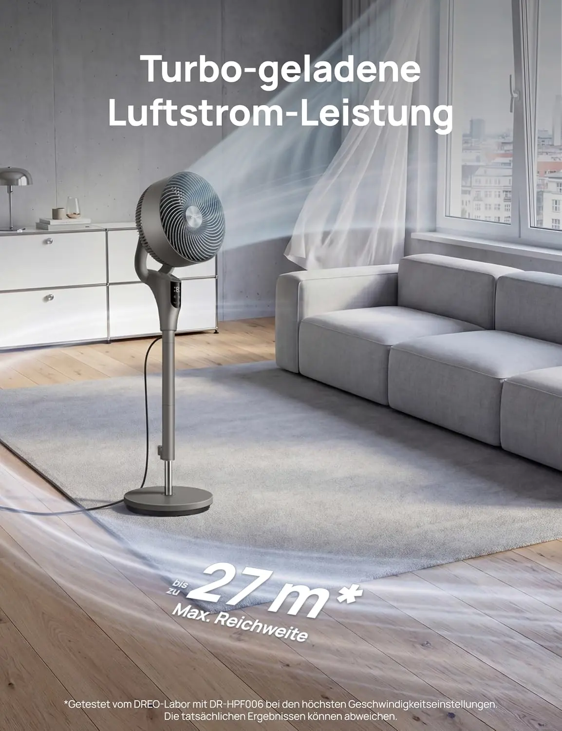 DREO Leiser Standventilator für Schlafzimmer [Verbessert], 27m Luftstrom, Leise, 90° Oszillierend, DC-Motor, 8 Geschwindigkeiten, 3 Modi, 96–106cm Höhenverstellbar, 8H Timer, 105° Manuell Neigbar vue 3