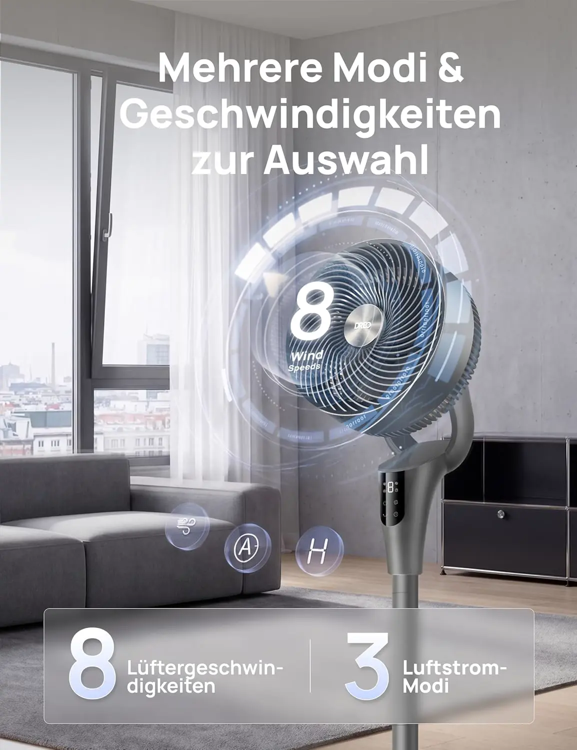 DREO Leiser Standventilator für Schlafzimmer [Verbessert], 27m Luftstrom, Leise, 90° Oszillierend, DC-Motor, 8 Geschwindigkeiten, 3 Modi, 96–106cm Höhenverstellbar, 8H Timer, 105° Manuell Neigbar vue 6
