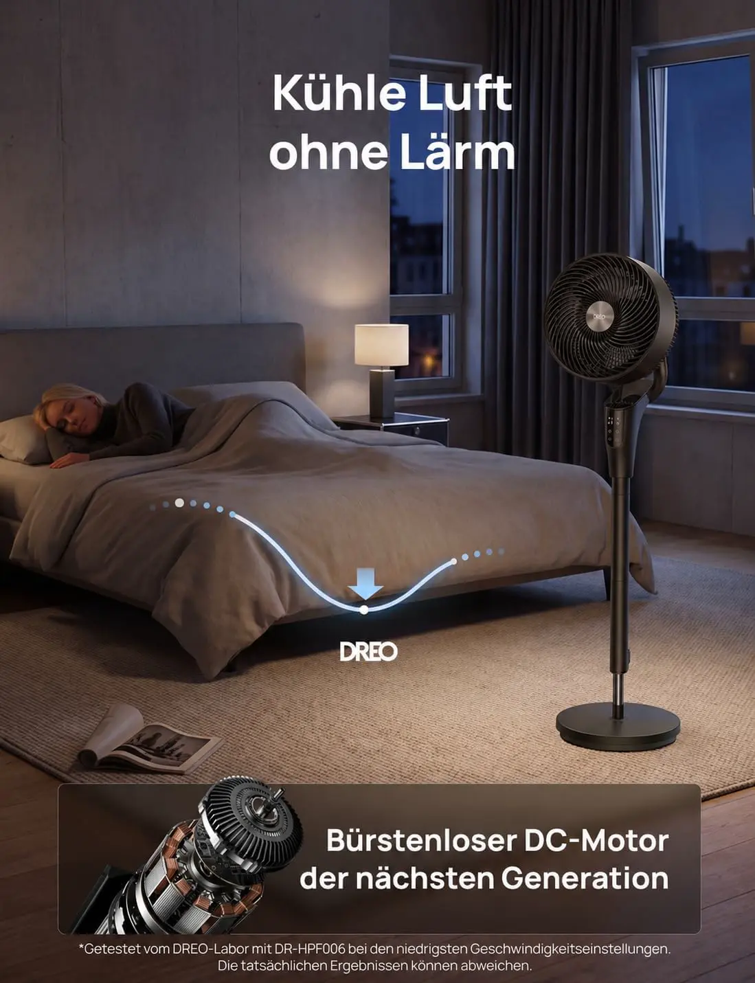 DREO Leiser Standventilator für Schlafzimmer [Verbessert], 27m Luftstrom, Leise, 90° Oszillierend, DC-Motor, 8 Geschwindigkeiten, 3 Modi, 96–106cm Höhenverstellbar, 8H Timer, 105° Manuell Neigbar vue 4
