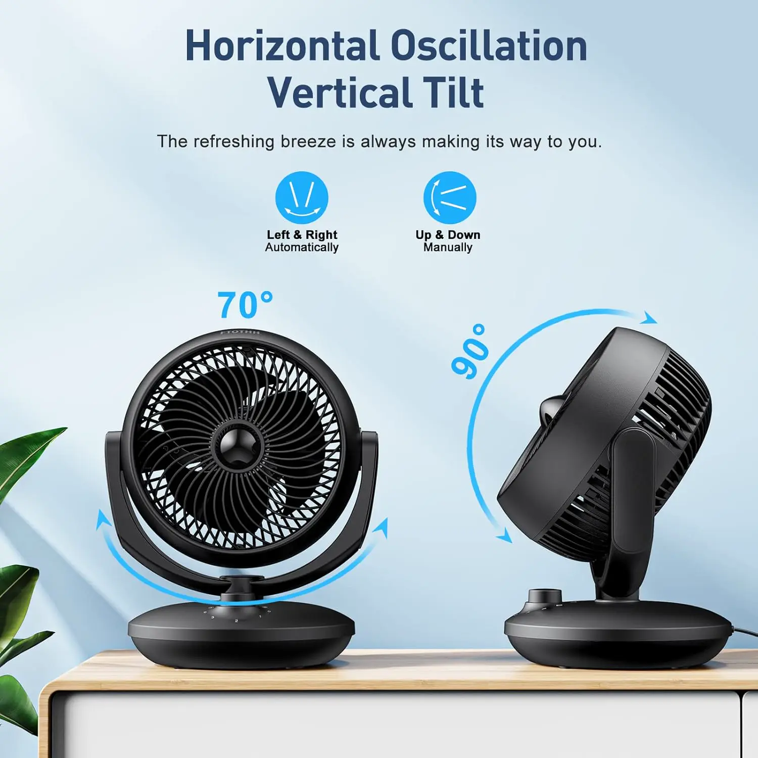 Ventilator Leise, 22dB Tischventilator sehr Leistungsstarker 3D Turbo Ventilatoren. 3 Geschwindigkeiten und 90° Verstellbare Neigung für Büro, Schlafzimmer, Wohnzimmer18m² Räume,Schwarz vue 3