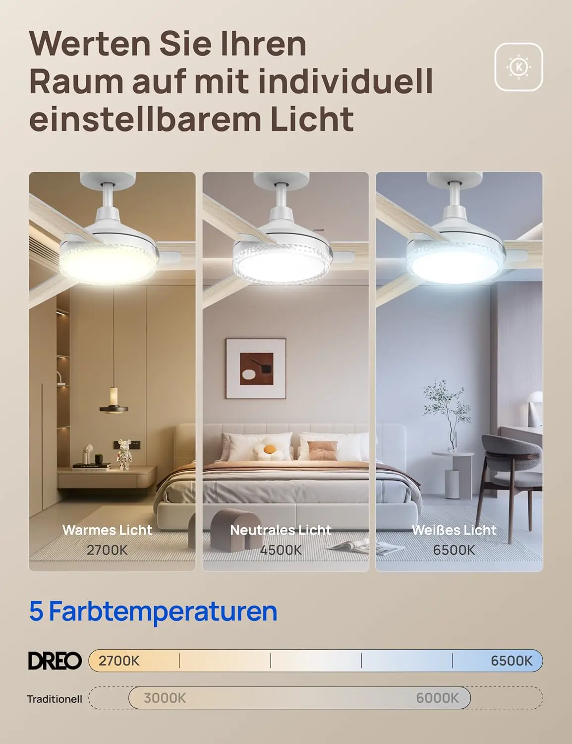 DREO Deckenventilator mit Beleuchtung und Fernbedienung,132 cm Weißer Ventilator decke mit Licht,5 CCT-Farben, 6-stufig dimmbar, 6 Stufen, leiser reversibler DC-Motor, Timer (1/4/8h) vue 4