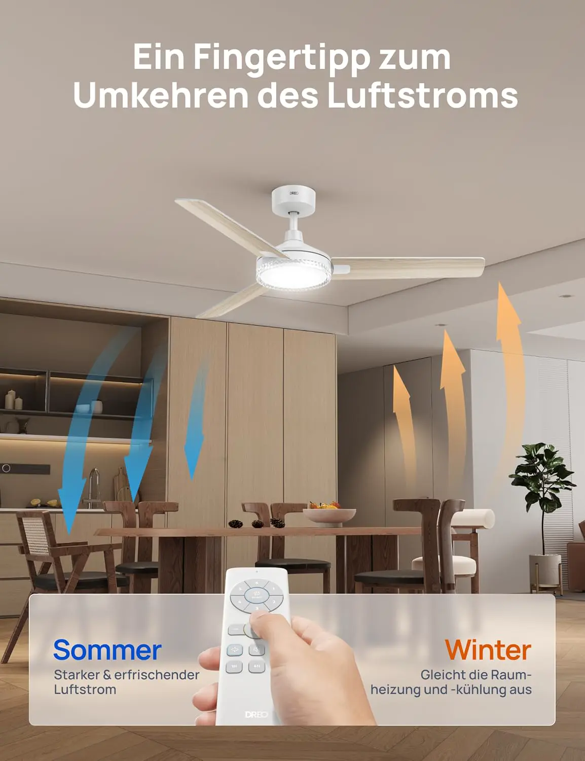 DREO Deckenventilator mit Beleuchtung und Fernbedienung,132 cm Weißer Ventilator decke mit Licht,5 CCT-Farben, 6-stufig dimmbar, 6 Stufen, leiser reversibler DC-Motor, Timer (1/4/8h) vue 6