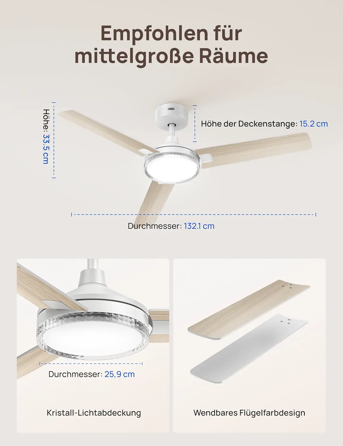 DREO Deckenventilator mit Beleuchtung und Fernbedienung,132 cm Weißer Ventilator decke mit Licht,5 CCT-Farben, 6-stufig dimmbar, 6 Stufen, leiser reversibler DC-Motor, Timer (1/4/8h) vue 8