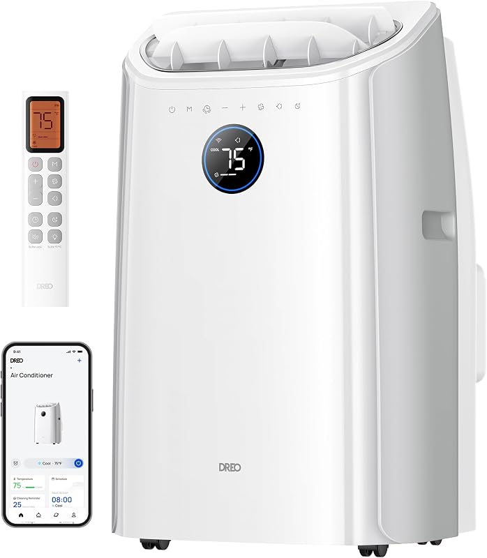 DREO Klimaanlage Mobil, 10.000 BTU Tragbares Klimagerät für Schlafzimmer, 3-in-1 Kühlen/Ventilieren/Entfeuchten, drainagefreie Kühlung, App-/Sprachsteuerung/Fernbedienung, 24h-Timer, AC515S