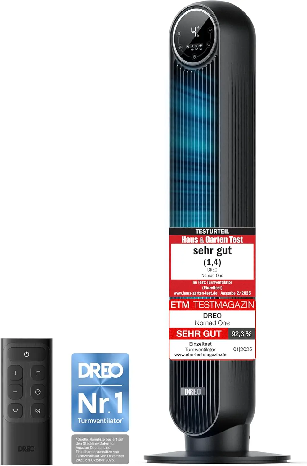 DREO Smart Leiser Turmventilator, APP & Sprachsteuerung, 90° oszillierender Ventilator mit Fernbedienung, 4 Modi, 4 Geschwindigkeiten, 8 Std. Timer, Nomad One S, Schwaz