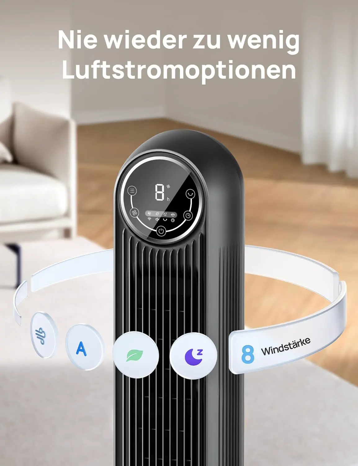 DREO Smart Leiser Turmventilator, APP & Sprachsteuerung, 90° oszillierender Ventilator mit Fernbedienung, 4 Modi, 4 Geschwindigkeiten, 8 Std. Timer, Nomad One S, Schwaz vue 7