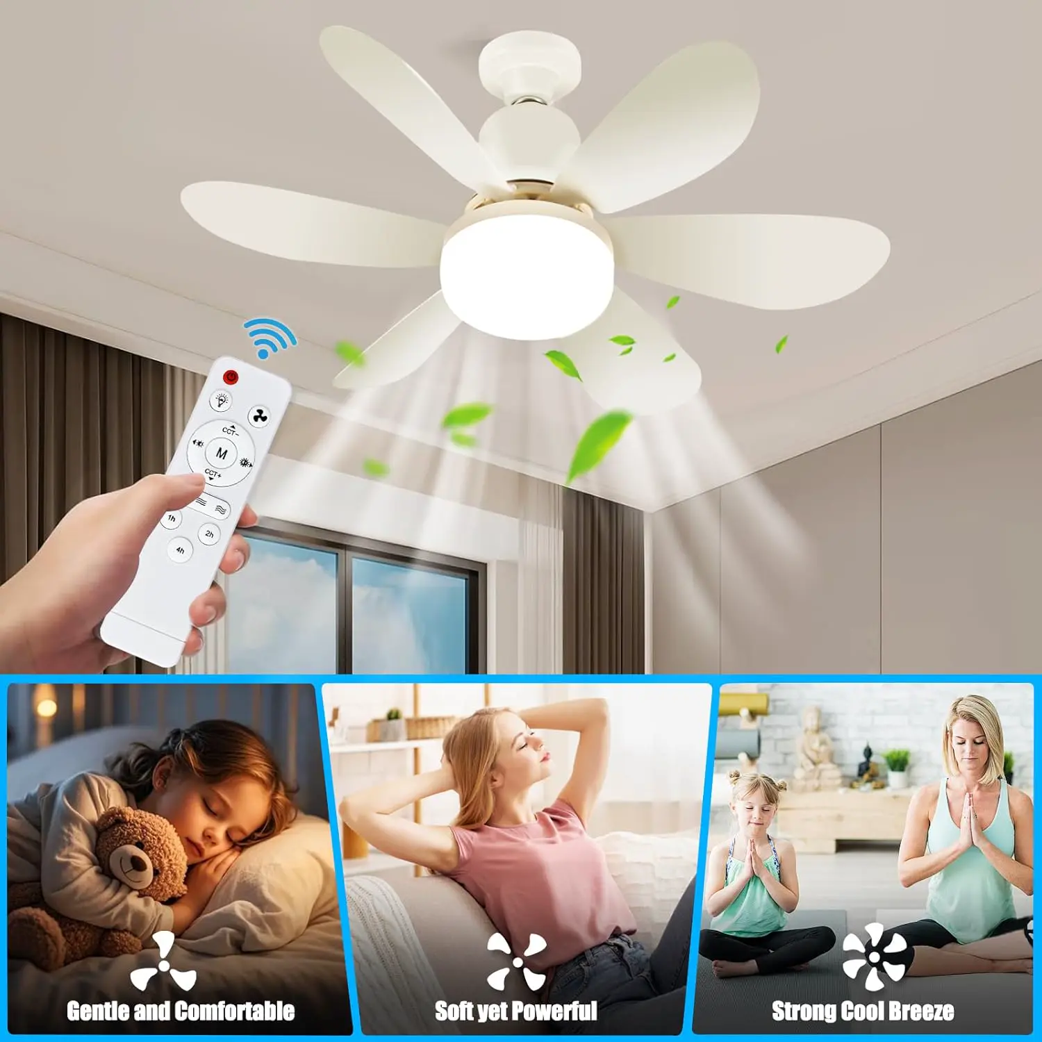 Ulikey Deckenleuchte mit Ventilator, Deckenventilator mit Beleuchtung, Sockel Verlängerungsstange, 3 Modi Dimmbar, 3 Windstufen, Timer Funktion, Deckenventilator für Wohnzimmer Schlafzimmer (52cm) vue 5