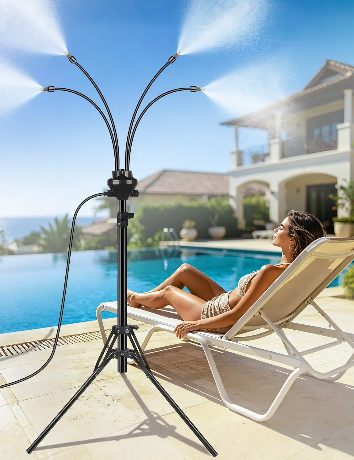 Stehnebel für AußenTerrasse, verstellbare Höhe, 150 cm, Standnebelsystem zum Kühlen von Terrassen, tragbarer Wassernebel zum Nebelspielen, Hinterhof, Haustierkühlung, Sprinkler (schwarz)