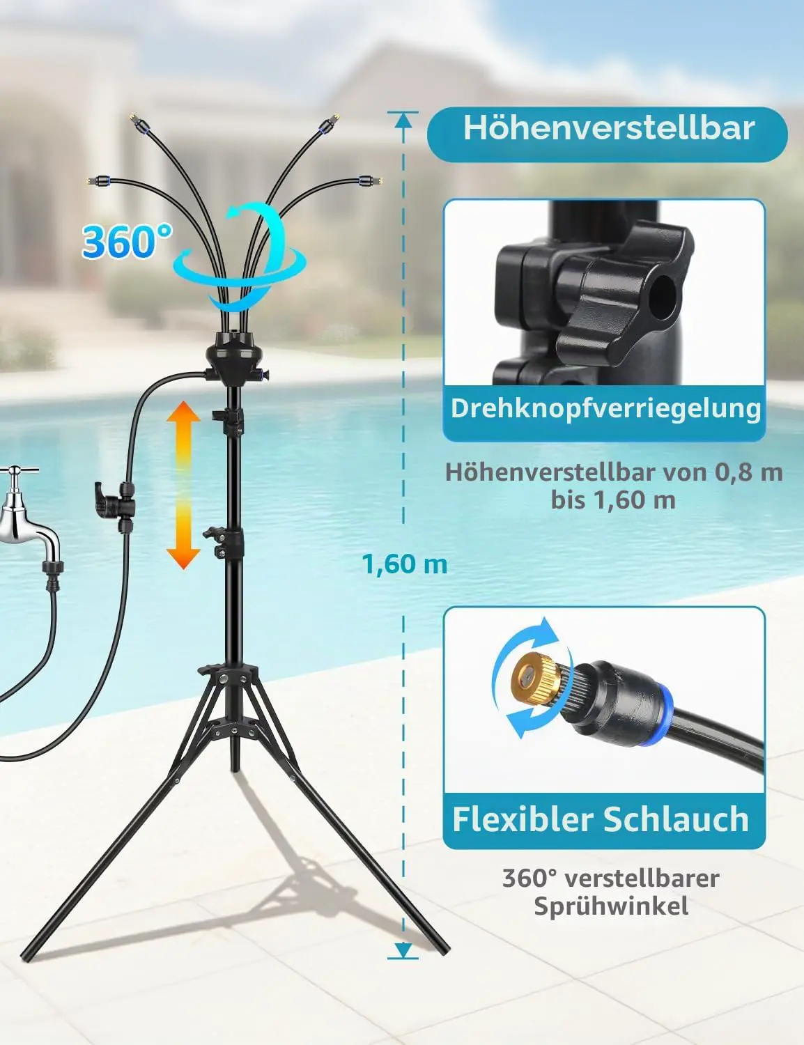 Stehnebel für AußenTerrasse, verstellbare Höhe, 150 cm, Standnebelsystem zum Kühlen von Terrassen, tragbarer Wassernebel zum Nebelspielen, Hinterhof, Haustierkühlung, Sprinkler (schwarz) vue 3