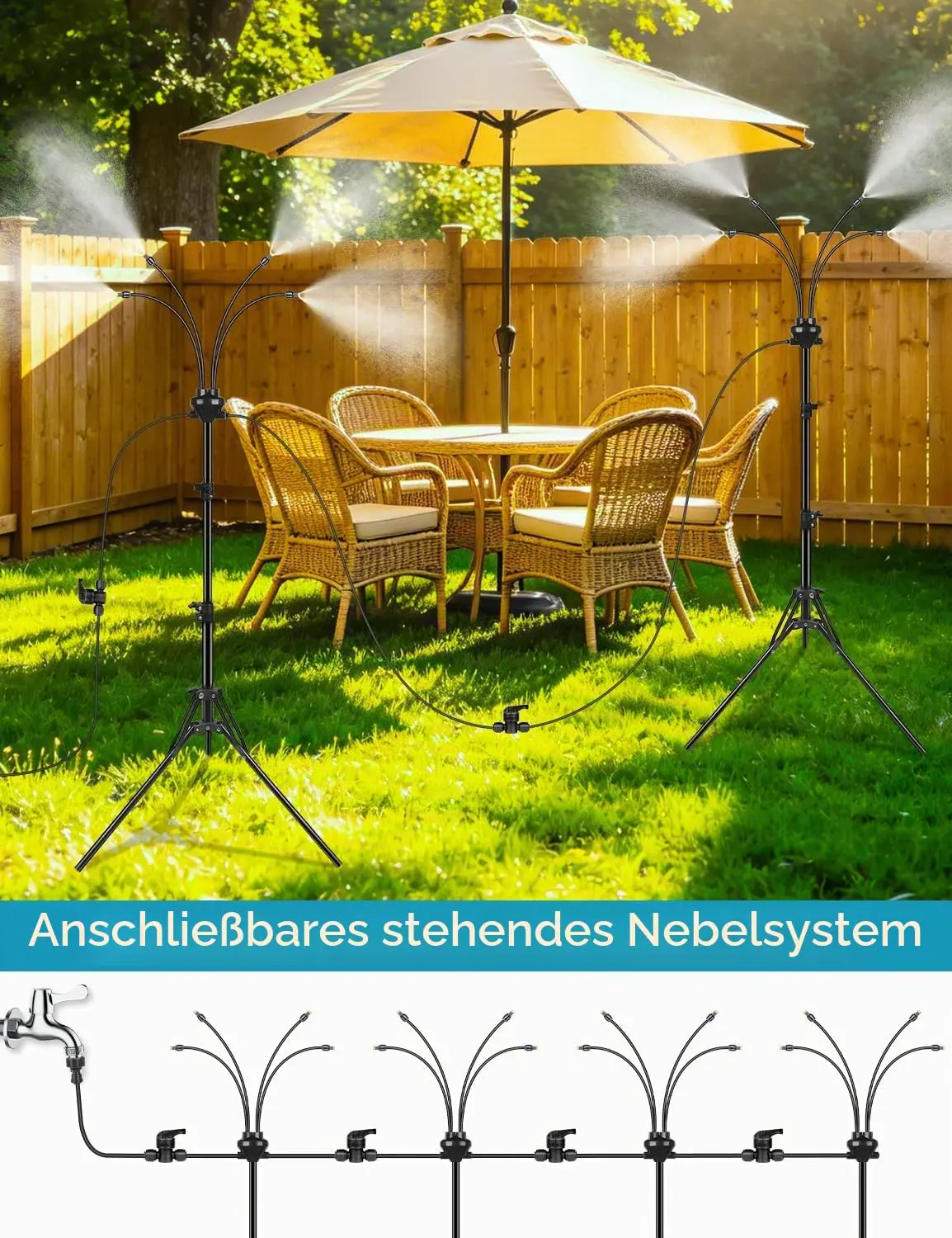 Stehnebel für AußenTerrasse, verstellbare Höhe, 150 cm, Standnebelsystem zum Kühlen von Terrassen, tragbarer Wassernebel zum Nebelspielen, Hinterhof, Haustierkühlung, Sprinkler (schwarz) vue 5