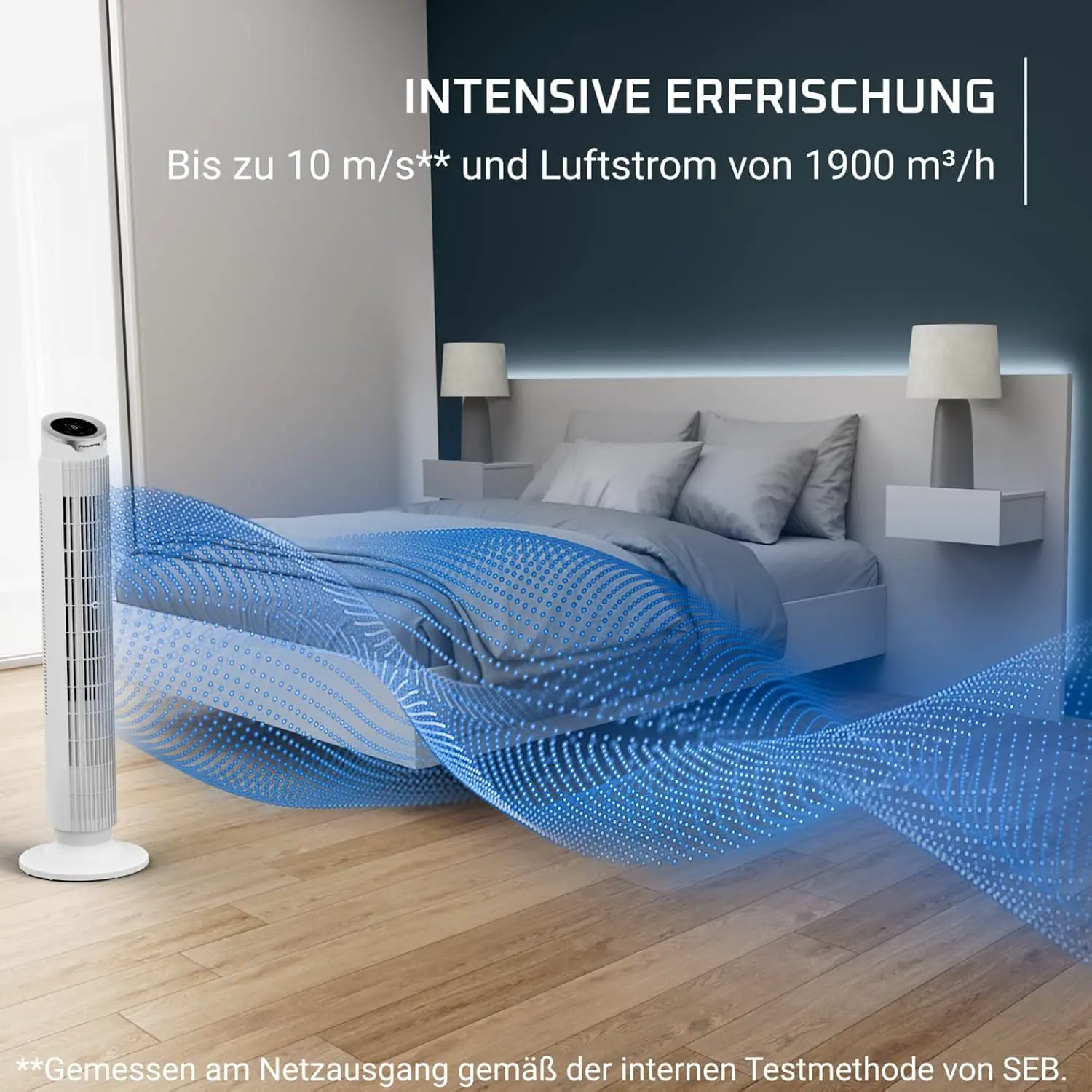 Rowenta Eole Silence Force Turmventilator, leistungsstark, Silent-Modus, 8 Geschwindigkeitsstufen, 4 Automatikmodi, Timer, 90°-Schwenkung, Fernbedienung, Staubschutzabdeckung, Weiß, VU7025F0 vue 3