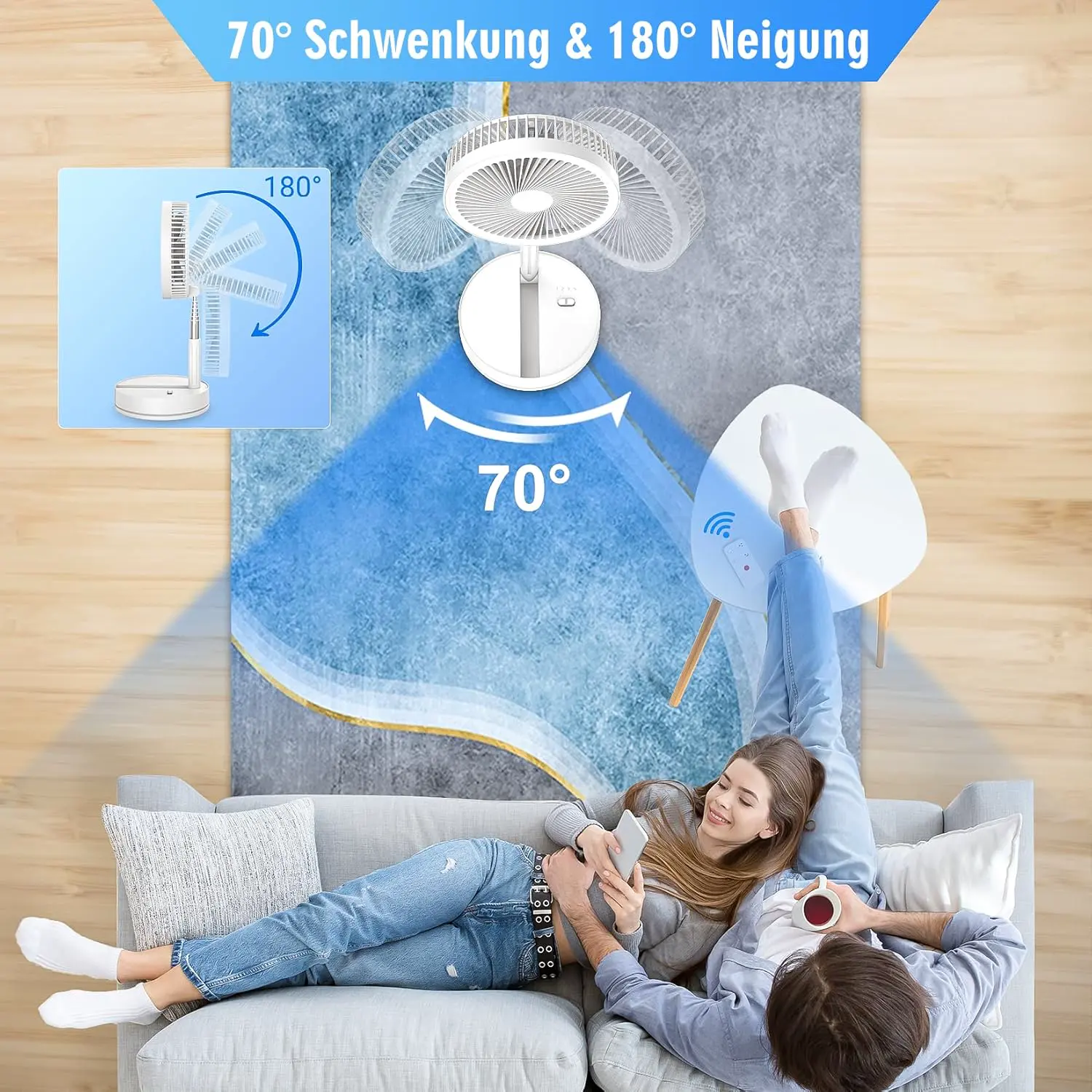 LIPETY Tragbarer Faltbarer Oszillierender Klein Ventilator, 8.6" 8000 mAh Akku Aufladbar USB C Boden/Tisch ventilator mit Fernbedienung, Leise Standventilator für Hause Schlafzimmer Reisen Camp vue 2
