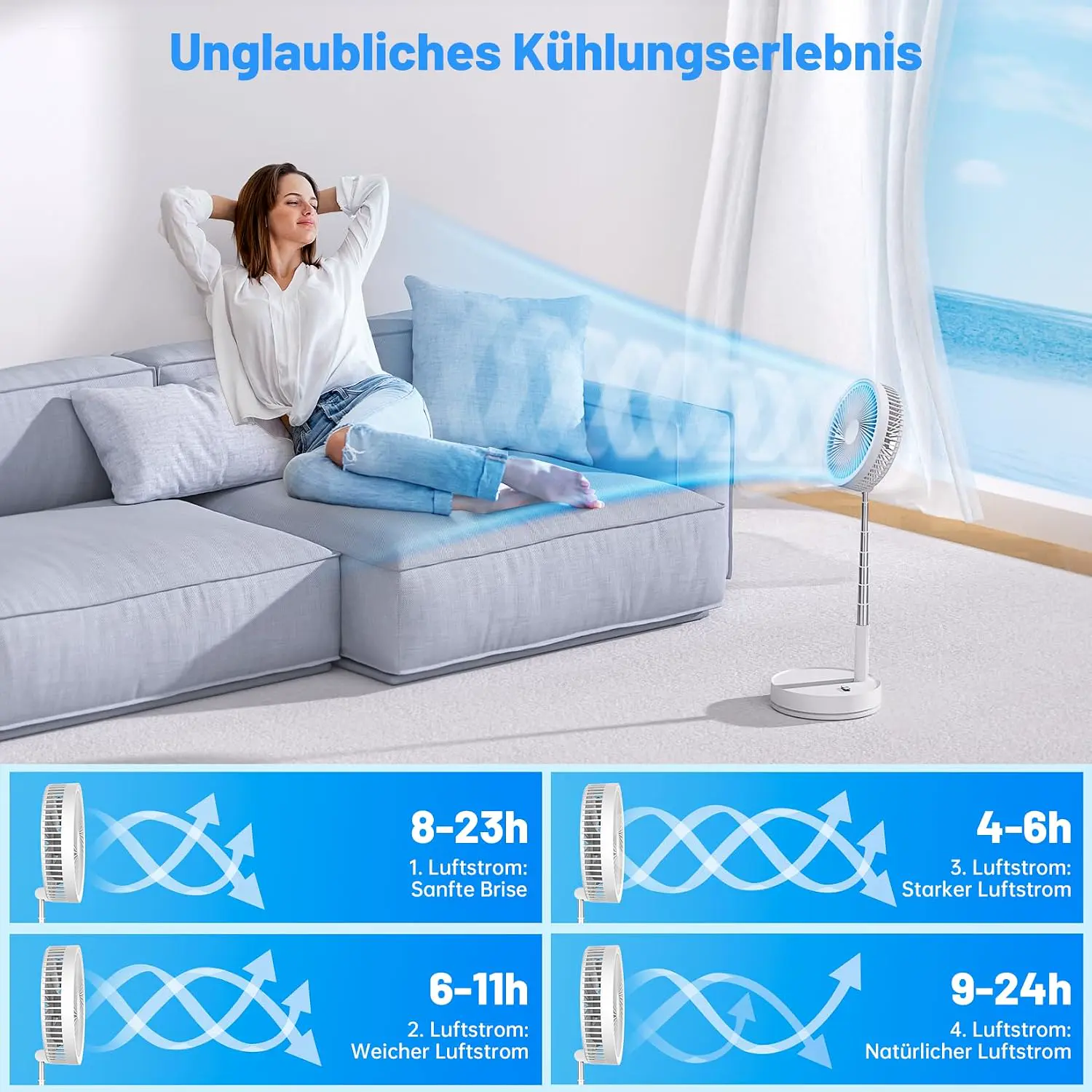 LIPETY Tragbarer Faltbarer Oszillierender Klein Ventilator, 8.6" 8000 mAh Akku Aufladbar USB C Boden/Tisch ventilator mit Fernbedienung, Leise Standventilator für Hause Schlafzimmer Reisen Camp vue 6
