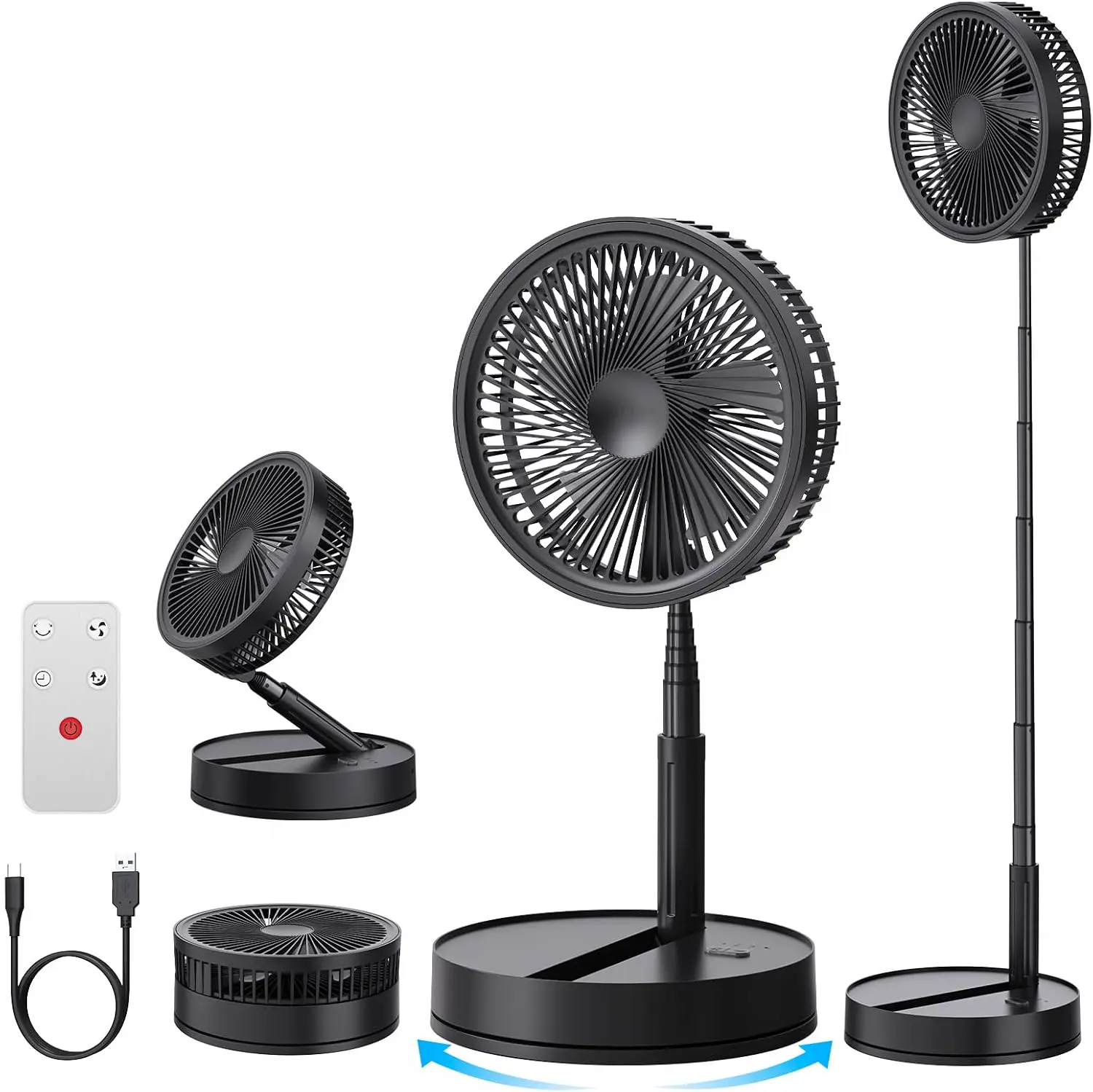 Leise Tragbarer Ventilator mit Fernbedienung - 8,6" Tisch und Stand Faltbarer Fan, 4 Modi/4 Std Timer/Oszillierender - 8000mAh Akku USB-C, Klein Standventilator für Schlafzimmer Büro Camping Reise