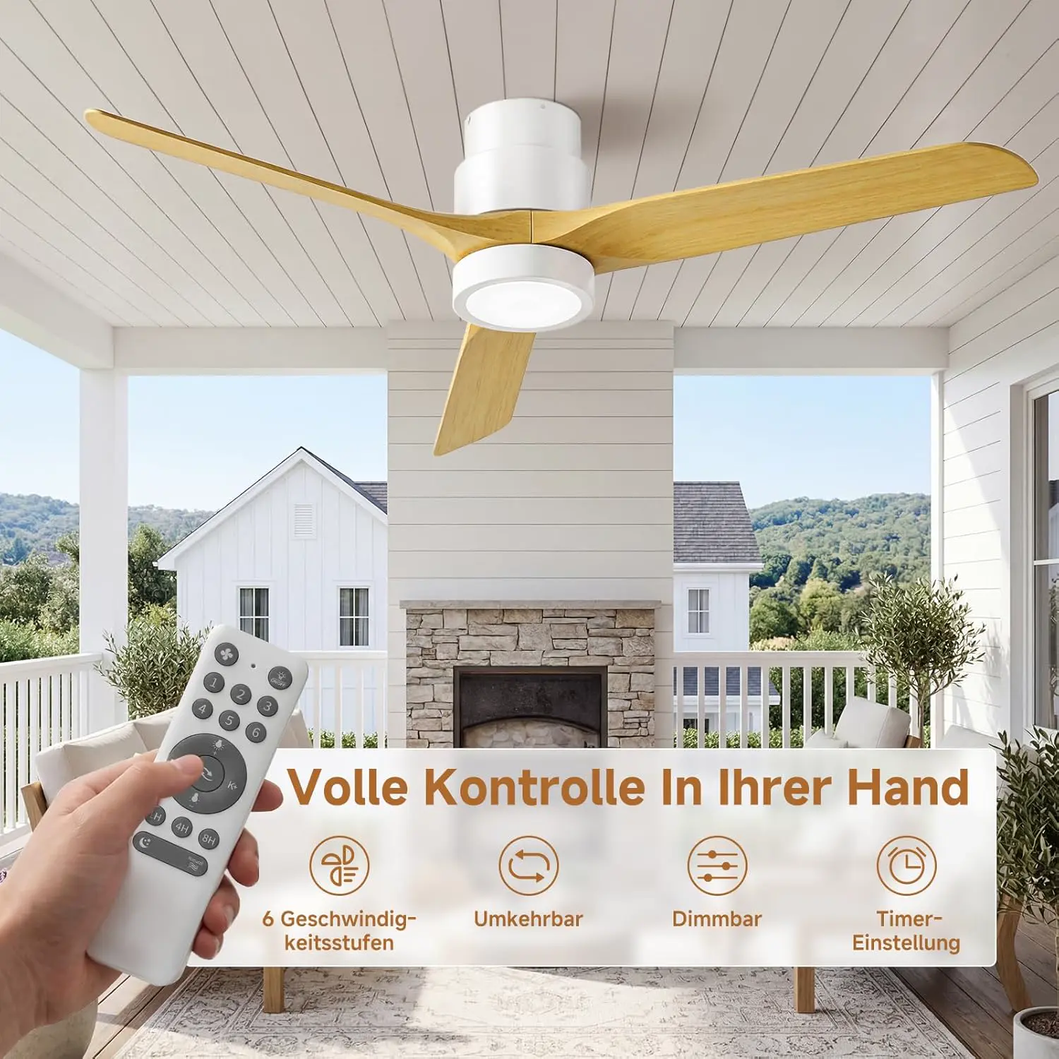 Ateroll 132 CM Deckenventilator mit Beleuchtung und Fernbedienung, Ultraleiser DC-Motor, 3 Blätter, 6 Geschwindigkeiten, 1/4/8H Timer, Dimmbarem LED, Sommer-Winterbetrie für Wohnzimmer Schlafzimmer vue 7