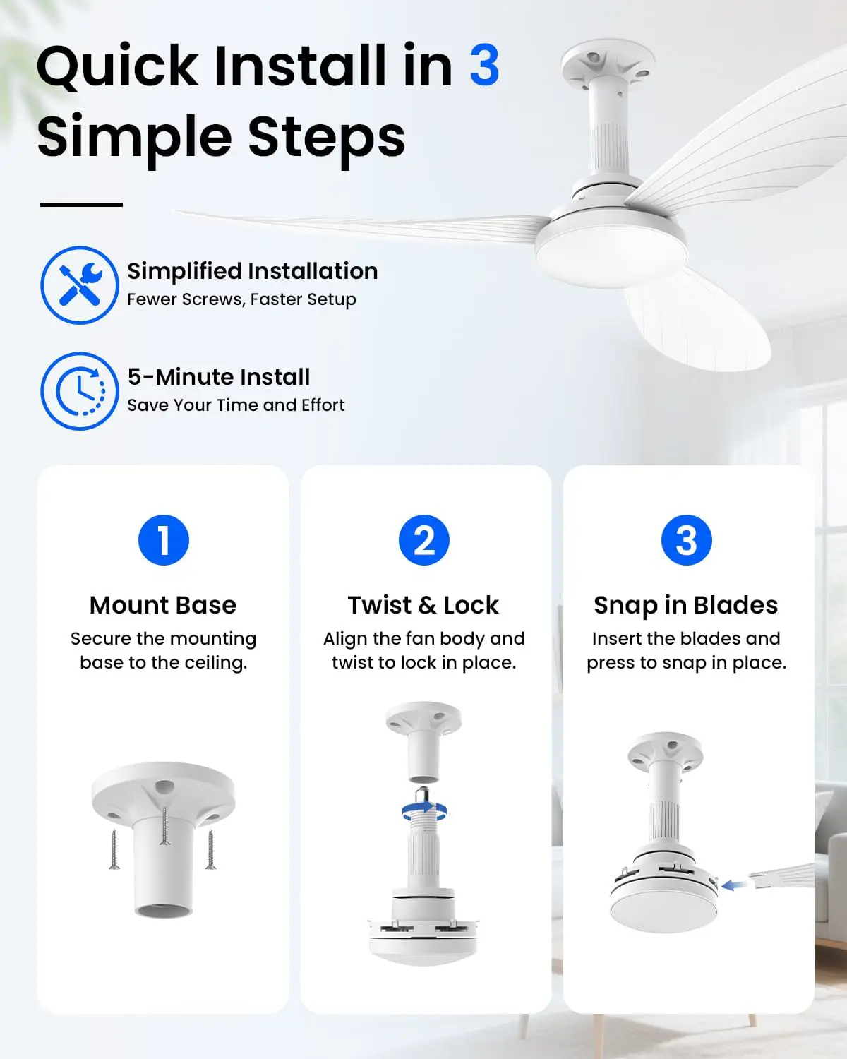 Hisummer 106cm Deckenventilator mit Beleuchtung, E27 Anschluss nur mit mitgelieferter Halterung, Schnellmontage Deckenventilator mit Licht, Leiser Reversibler Motor für Schlafzimmer, Wohnzimmer, Küche vue 3