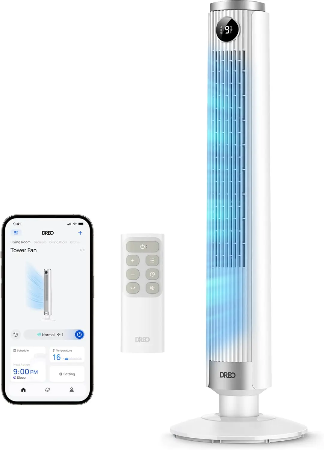 DREO Smart 102–114cm Turmventilator fürs Schlafzimmer, Höhenverstellbar, 8.4m/s, DC-Motor, 9 Stufen, 4 Modi, 90°-Oszillation, Standventilator, 20dB Leise, 12H Timer für Zuhause und Büro, Google/Alexa