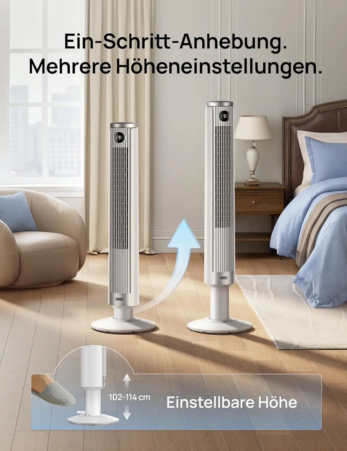 DREO Smart 102–114cm Turmventilator fürs Schlafzimmer, Höhenverstellbar, 8.4m/s, DC-Motor, 9 Stufen, 4 Modi, 90°-Oszillation, Standventilator, 20dB Leise, 12H Timer für Zuhause und Büro, Google/Alexa vue 3