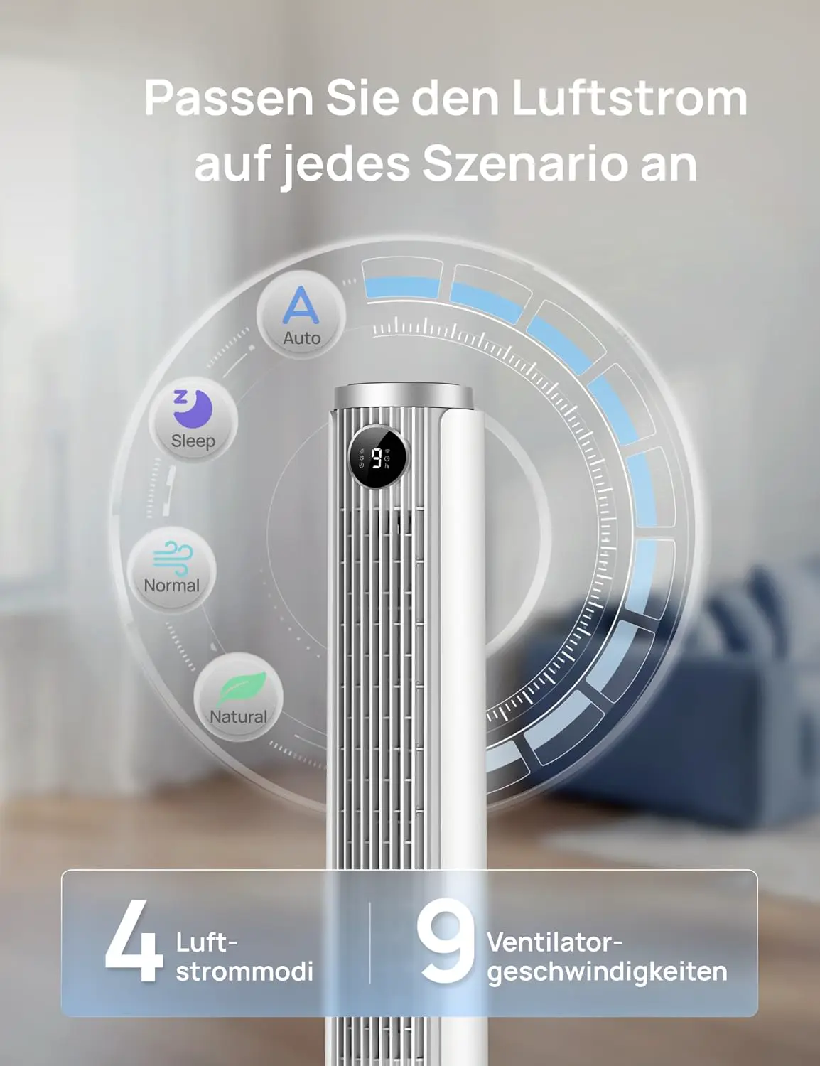 DREO Smart 102–114cm Turmventilator fürs Schlafzimmer, Höhenverstellbar, 8.4m/s, DC-Motor, 9 Stufen, 4 Modi, 90°-Oszillation, Standventilator, 20dB Leise, 12H Timer für Zuhause und Büro, Google/Alexa vue 6