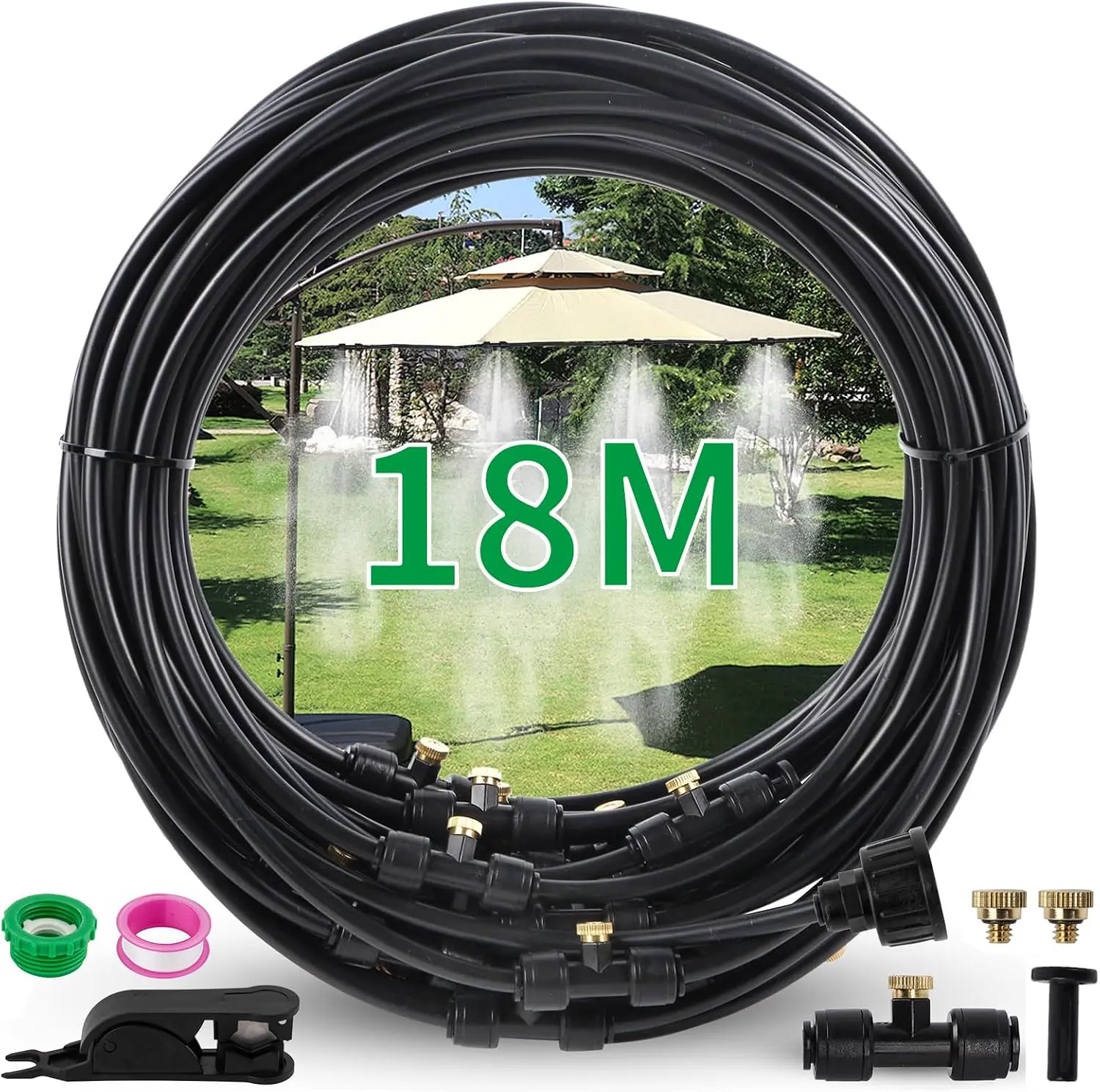 Outdoor Misting System Sprühnebel Kühlung Terrasse(18M) - Nebelsystem Linie 20 Messing-Nebeldüsen Messingadapter (3/4") Terrassennebel zum Kühlen von Außengewächshaus