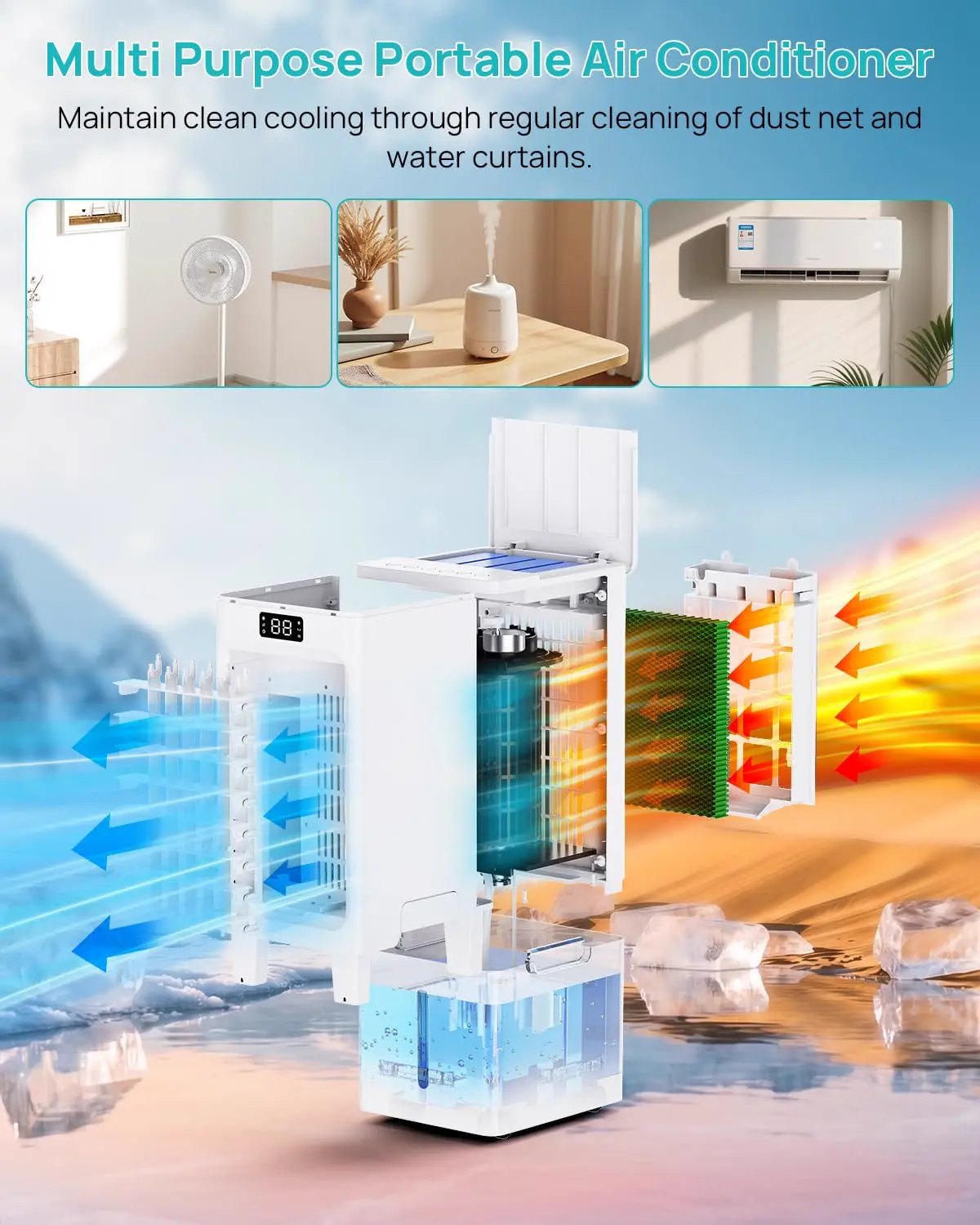 OKYUK Mobiles Klimagerät, 200W Energiesparend, R290 Umweltfreundliches Kältemittel, 3‑in‑1 Klimaanlage, Luftentfeuchter, Ventilator Ventilieren Leise <45 DB, Mit Auspuffrohr (Weiß) vue 8