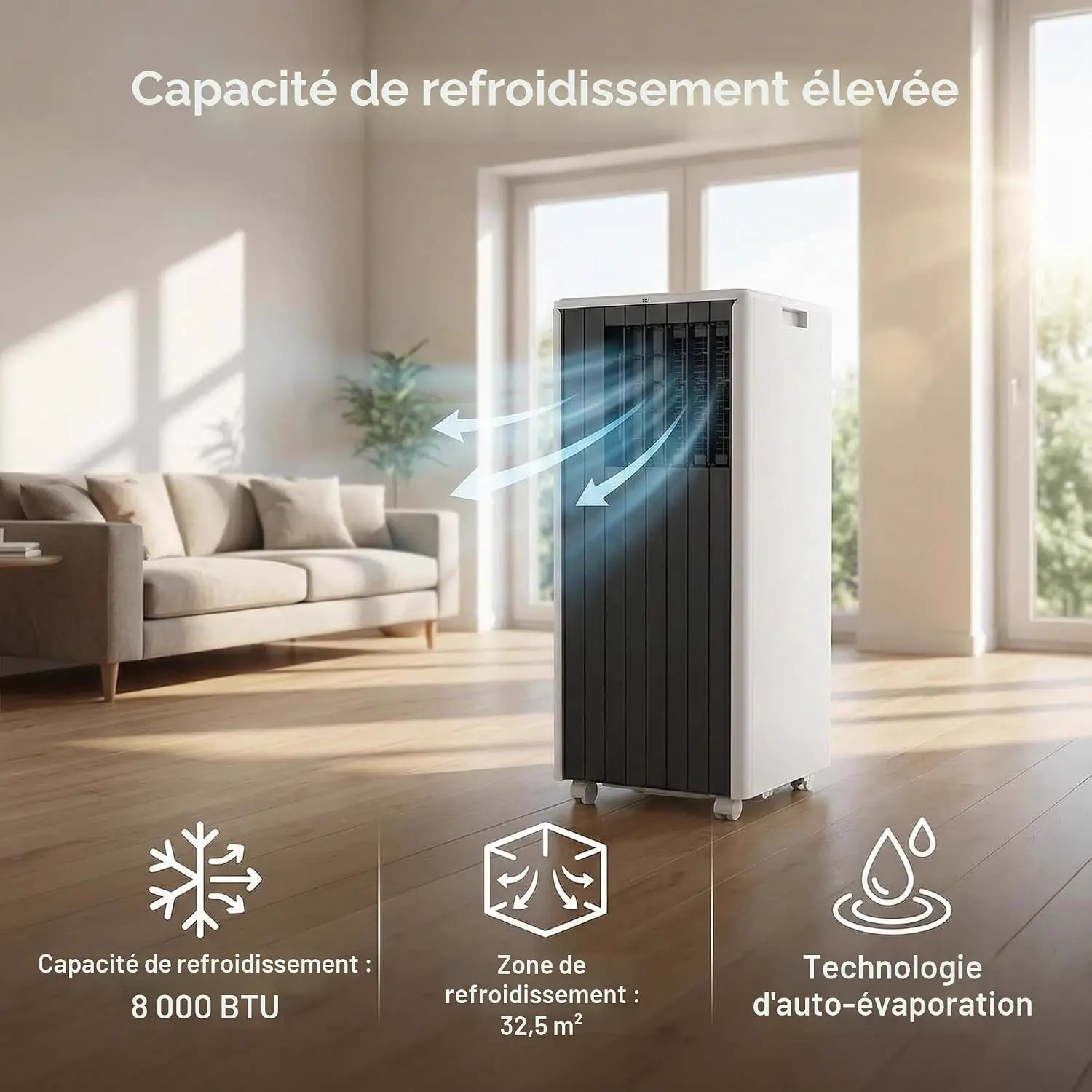 Mobile Klimaanlage 6 in 1, tragbar, leise, mit Luftkühler 1200 ml, 1-12 Stunden Timer, 4 Geschwindigkeitsstufen, 120 ° Oszillation, Touch-Tasten (Creamweiß) vue 2