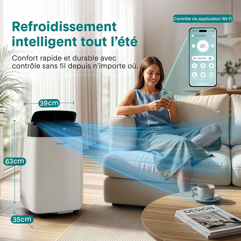 SereneLife Klimaanlage Mobile 14000 BTU 2,9 kW mit Abluft – WiFi 4 en 1 für Raums jusqu’à 45 m², Kühlt Heizt Ventile Désbefeuchtet vue 2