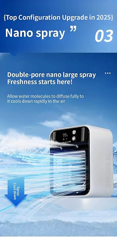 Mobile Klimaanlage, Tragbare Luftkühlgerät, leise Mobile Klimaanlage mit 500ml Wasserbehälter, 2 Lüftungsstufen & 2 Sprühmodi, Mini Klimatisierung für Schlafzimmer und Outdoor Camping(Weiß) vue 4