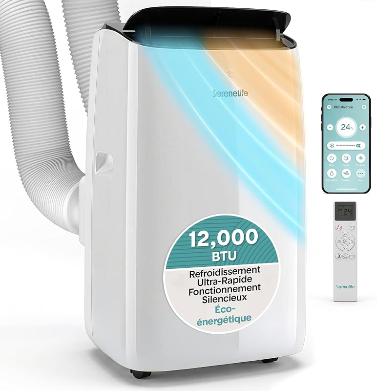 SereneLife Mobile Inverter Klimaanlage A+++ 12000 BTU Doppelschlauch - 4 in 1 Kühlung Heizung Entfeuchtung Lüftung Auto-Swing WiFi Ultra Leise 44-49 dB mit Fenster-Kit